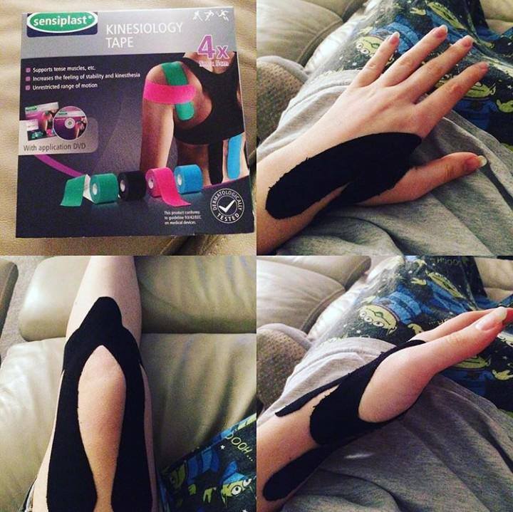 A grid of photos, showing Jenni using KT tape on various joints