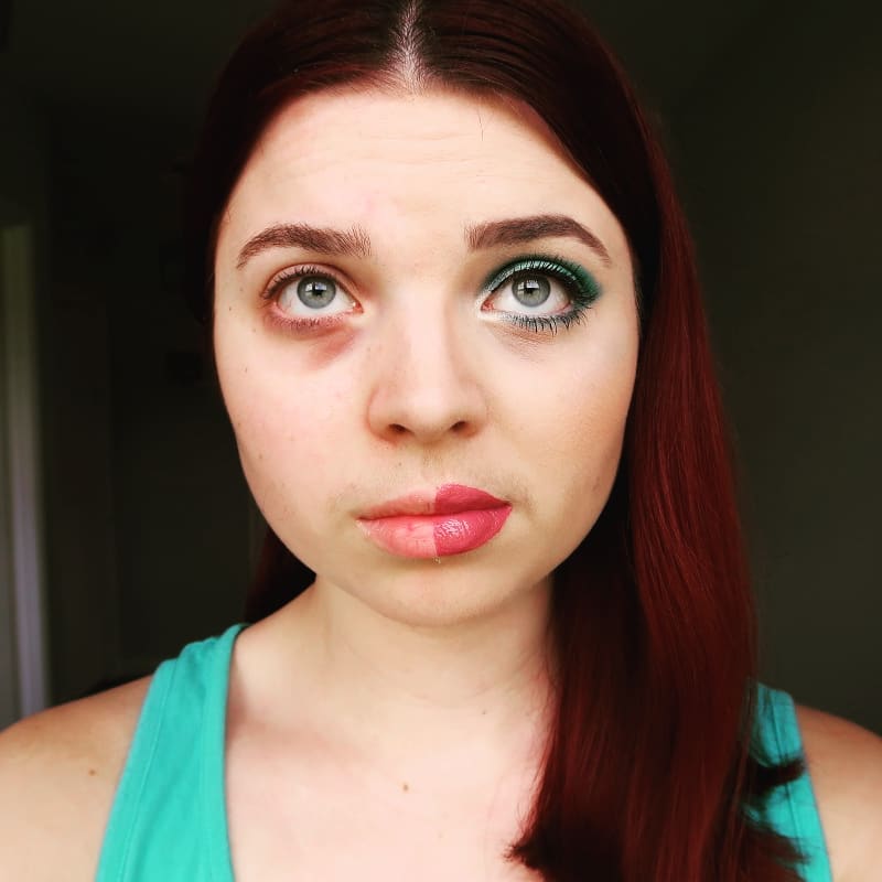 A close-up view of Jennis face, showing two halves - one side with makeup and one without.