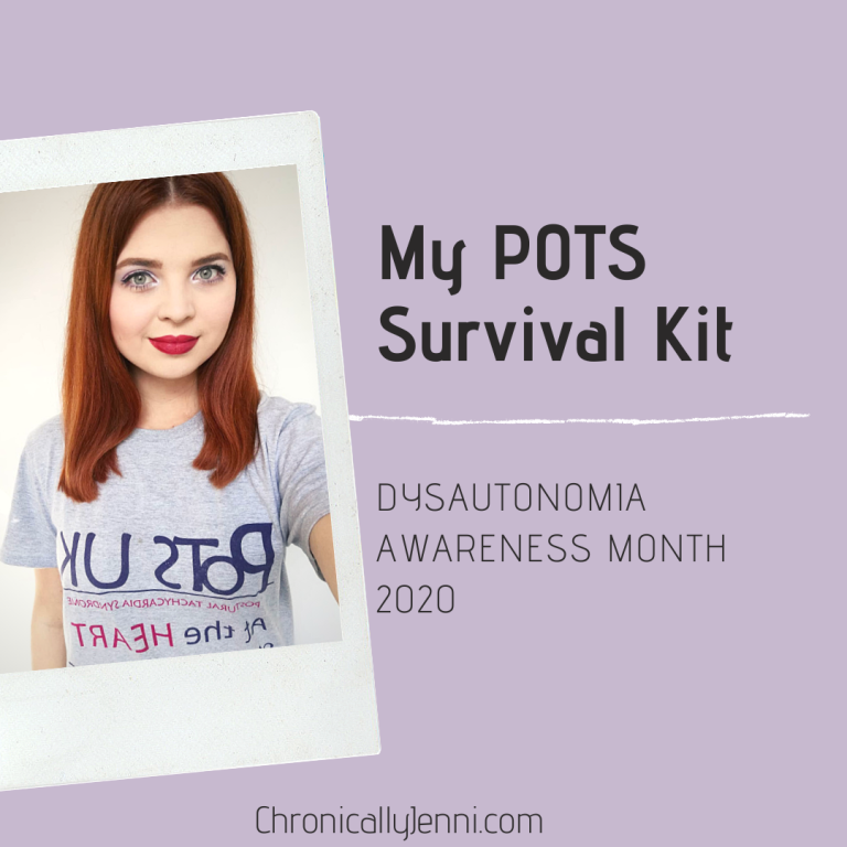 Jenni in a selfie, looking a the camera, wearing a POTS UK t-shirt. The graphic reads 'My POTS survival kit'.
